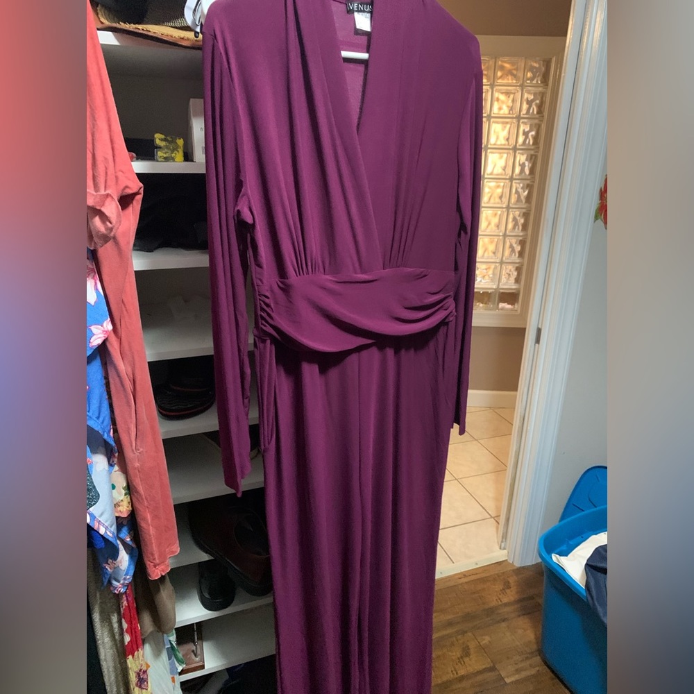 NWOT pull on JUMPSUIT purple long wide leg detail waist
